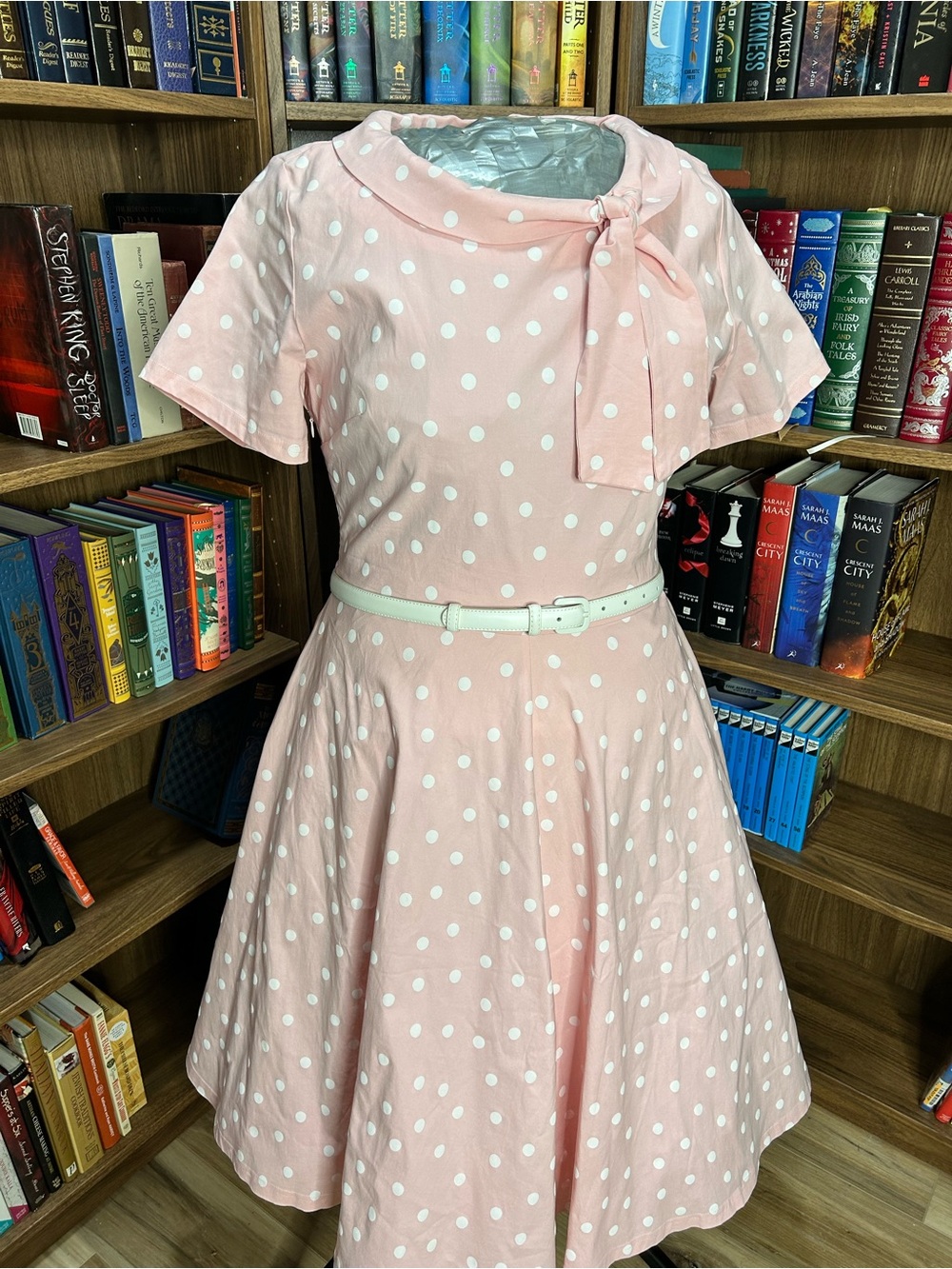 Pink Polka Dot Fit-and-Flare Dress with Tie Neck